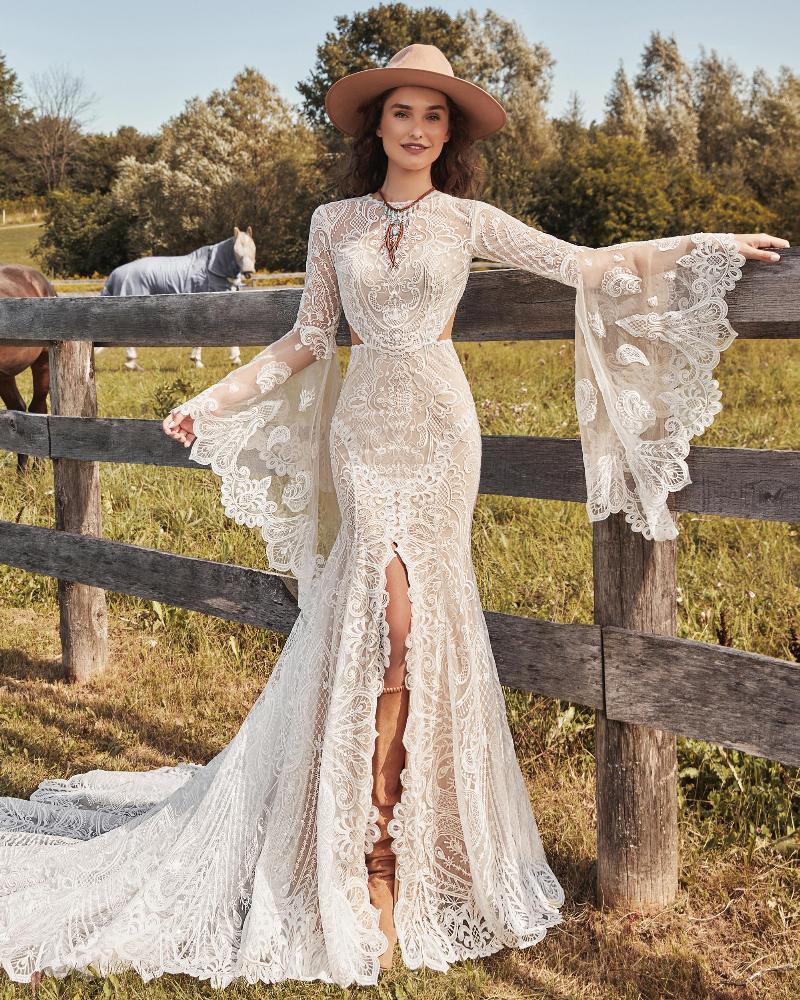 Lp2101 rustic boho wedding dress with bell sleeves and high neckline3